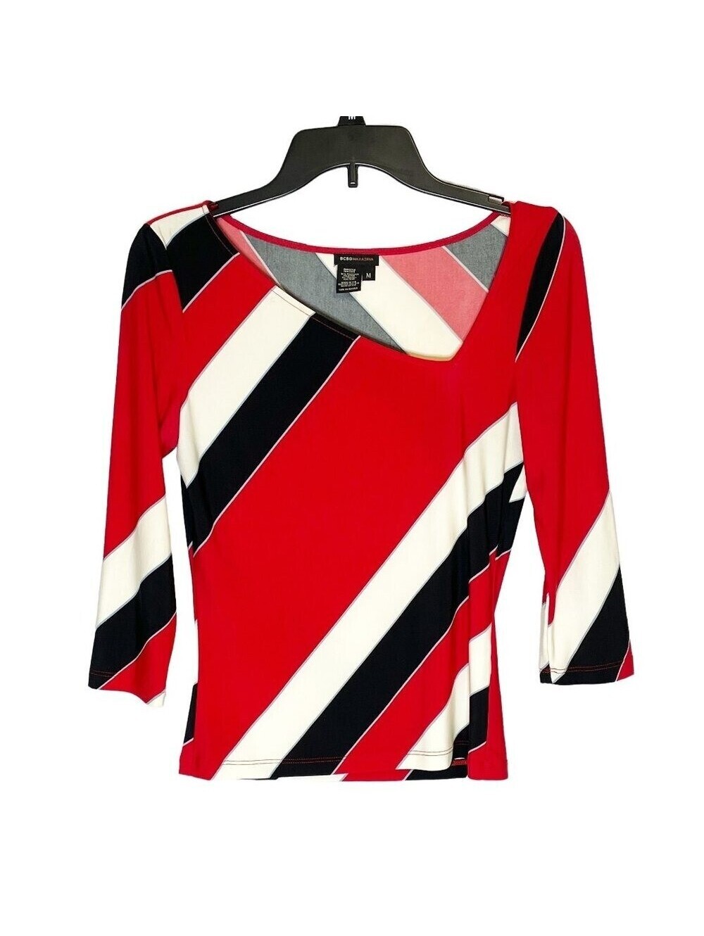 BCBGMAXAZRIA Red Black White Striped Asymmetric Neck Y2K Top M 3/4 Sleeve